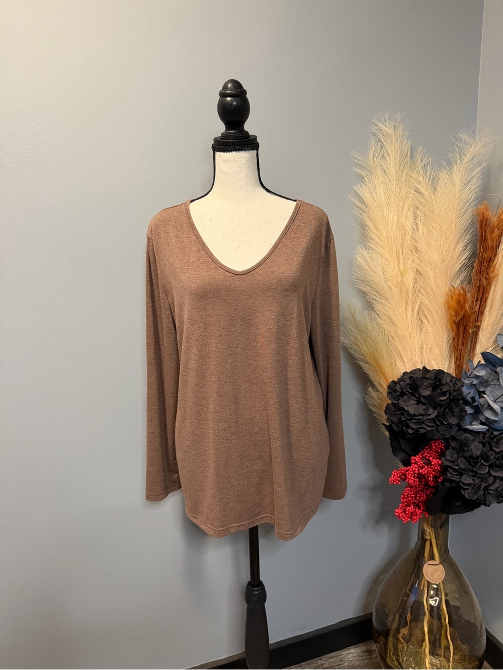 Soft V-Neck Long Sleeve Top in Taupe